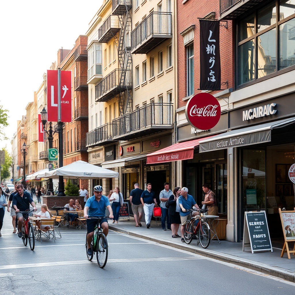 Vibrant street scene with pedestrians and storefronts