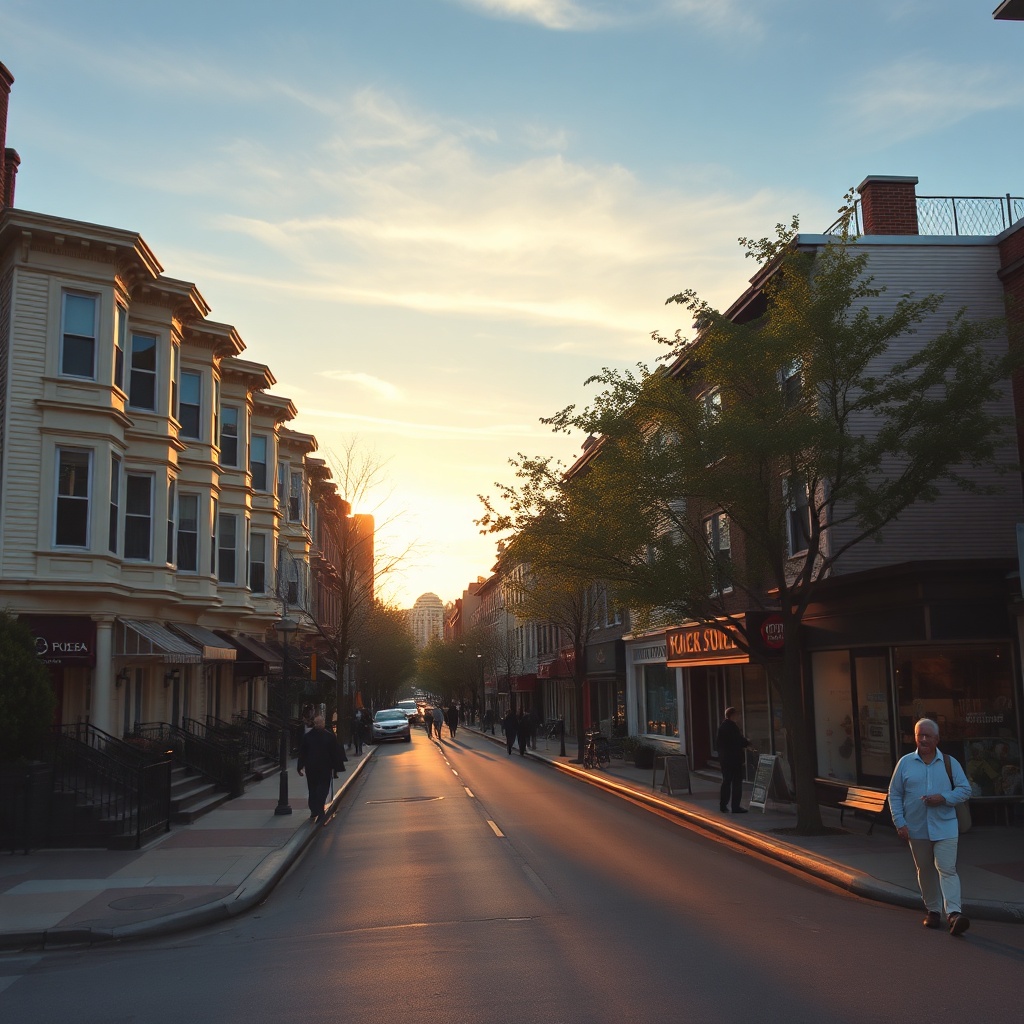 Street with shops and row houses at sunset