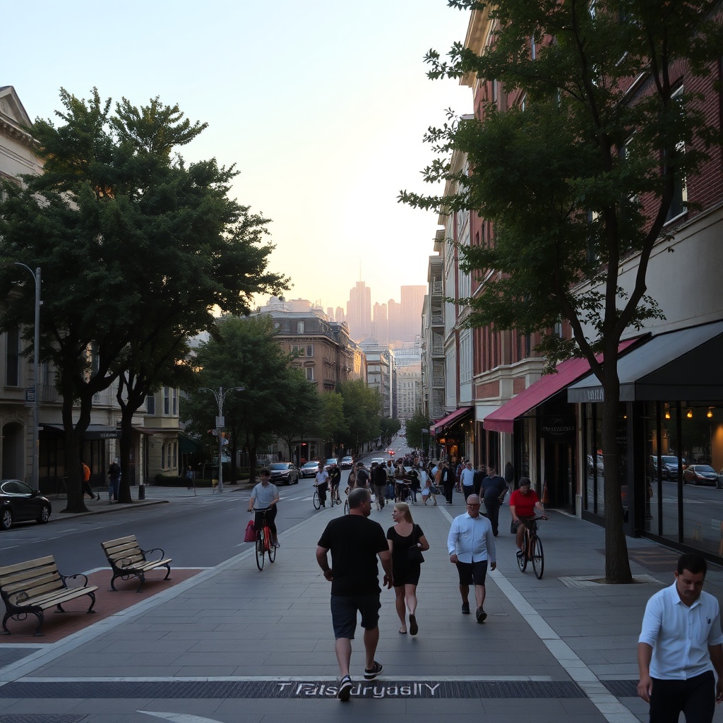 Panoramic view of diverse city neighborhoods and a lively public plaza at golden hour