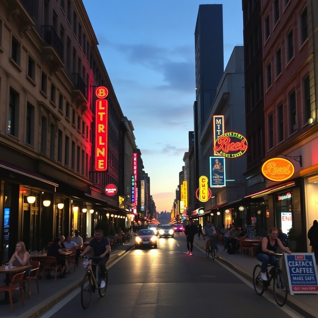 Lively city street at dusk