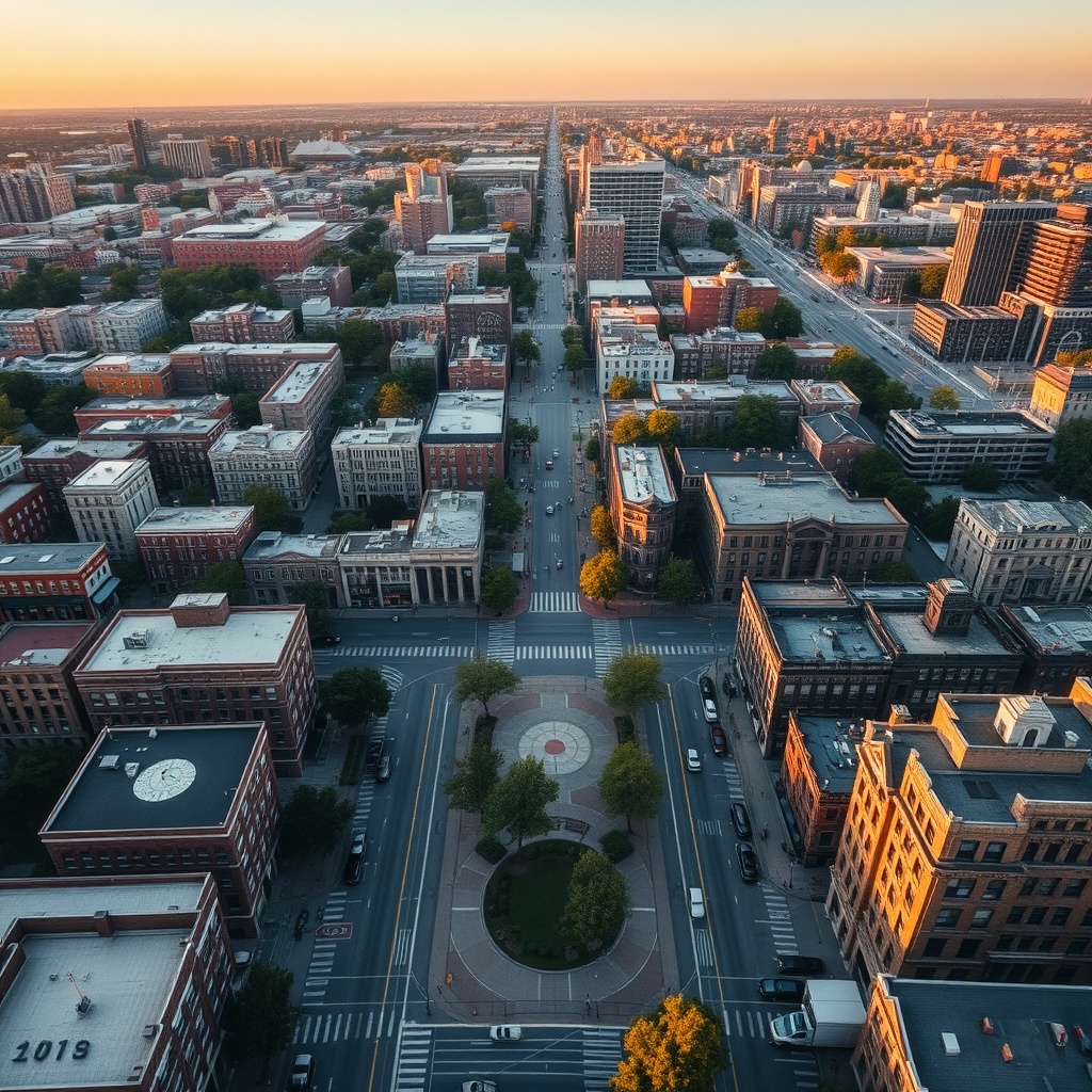 Aerial view of city neighborhoods with parks, streets, and public spaces