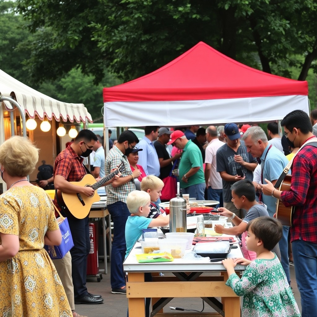 Community festival with food stalls and musicians